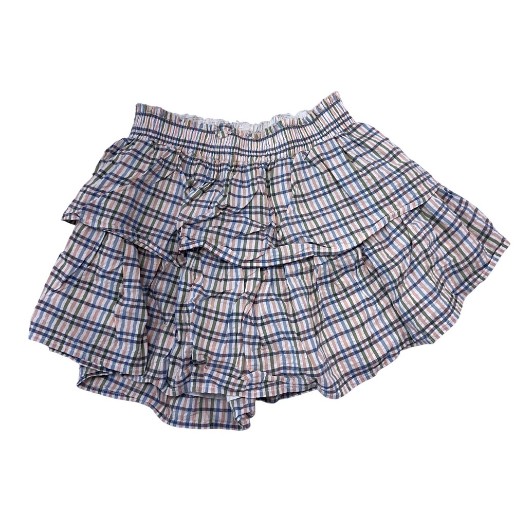 Aerie Plaid Tiered Ruffled Mini Skirt Smocked Waist Distressed Casual Size Small